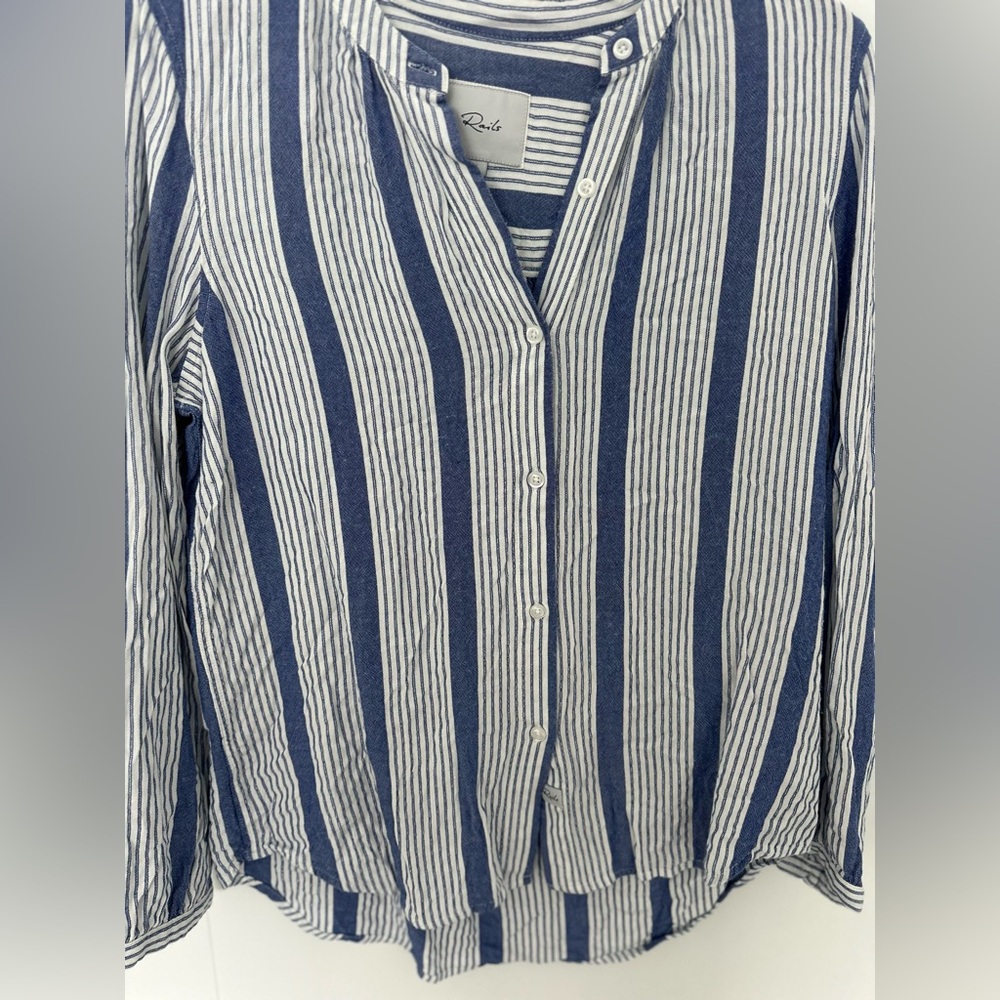 Rails Eloise Triston Stripe Top Blue White Mandarin Collar Soft Twill Blouse - Picture 3 of 6